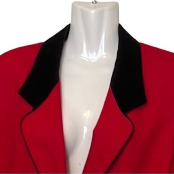 Koret  Blazer Jacket 10 Red Black 100% Wool One Button velvet trim old money - Picture 7 of 9